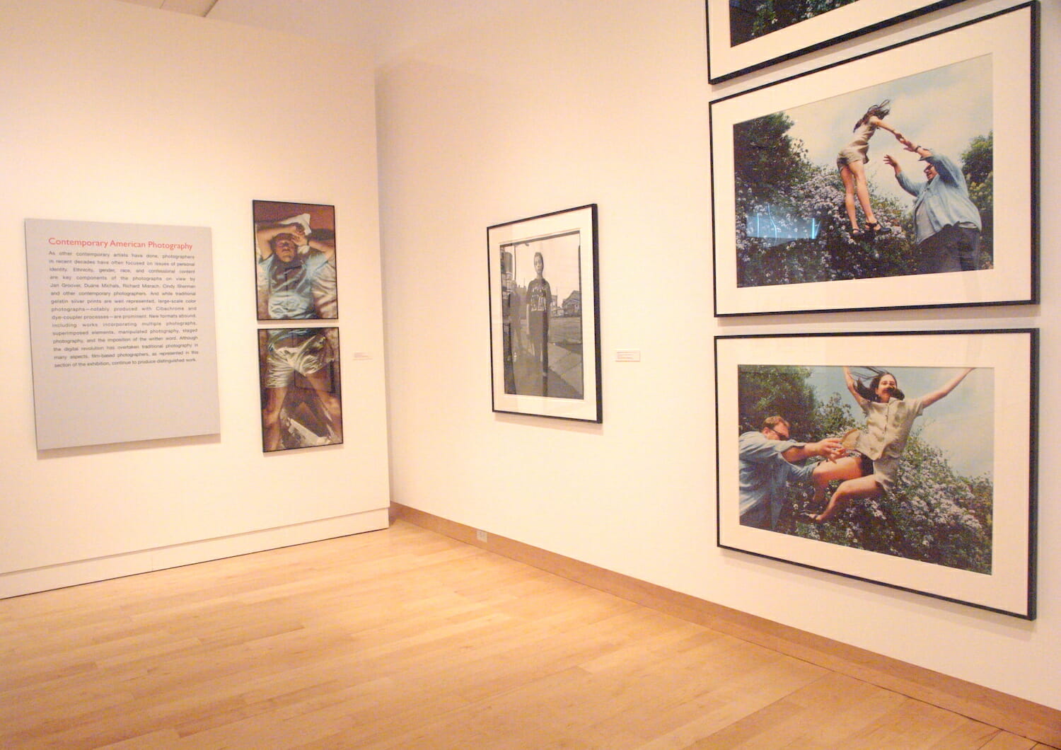 installation view of "In Depth," featuring artworks or photographs hanging on the wall with label text