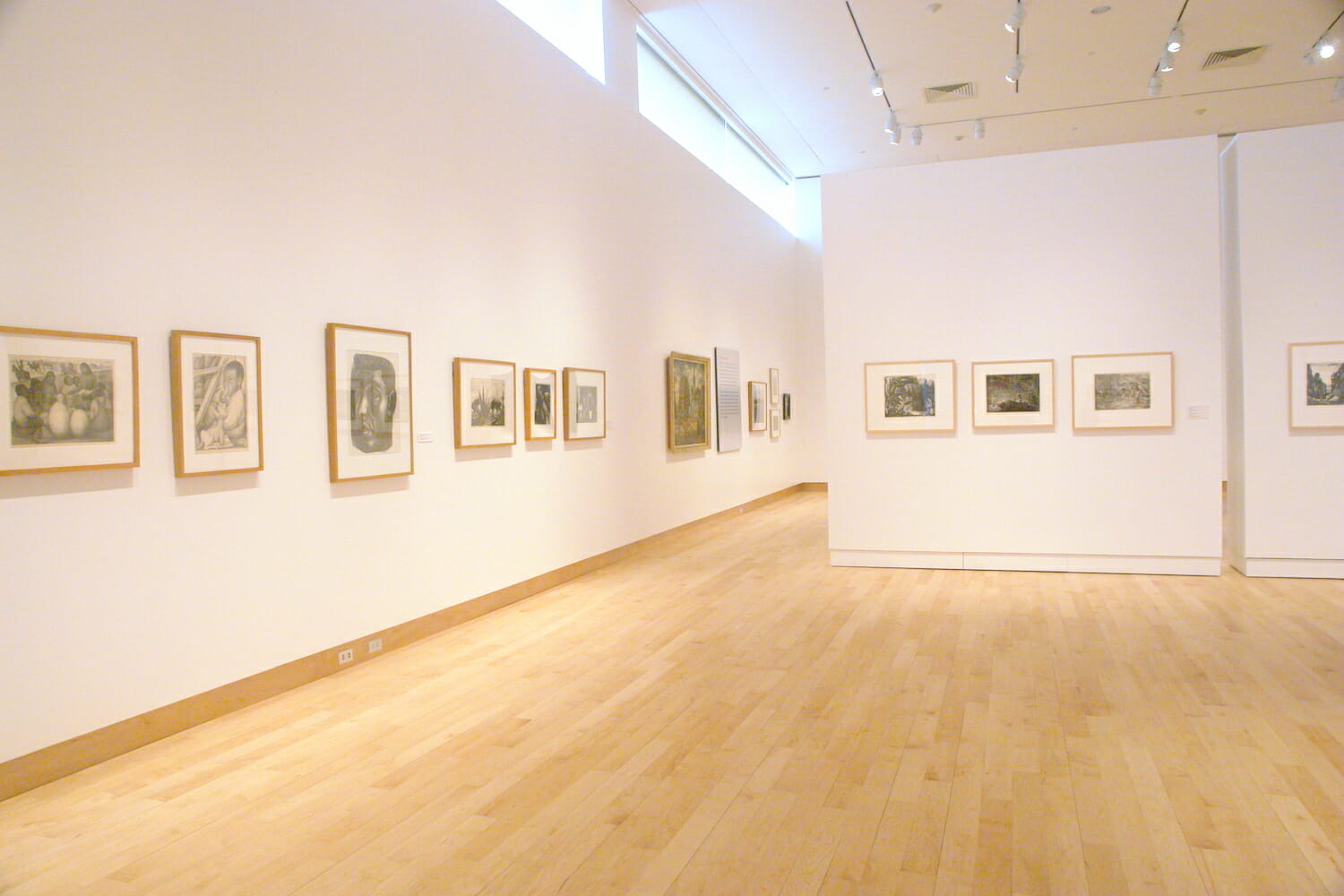 installation view of "In Depth," featuring at least fourteen framed artworks hanging across different walls