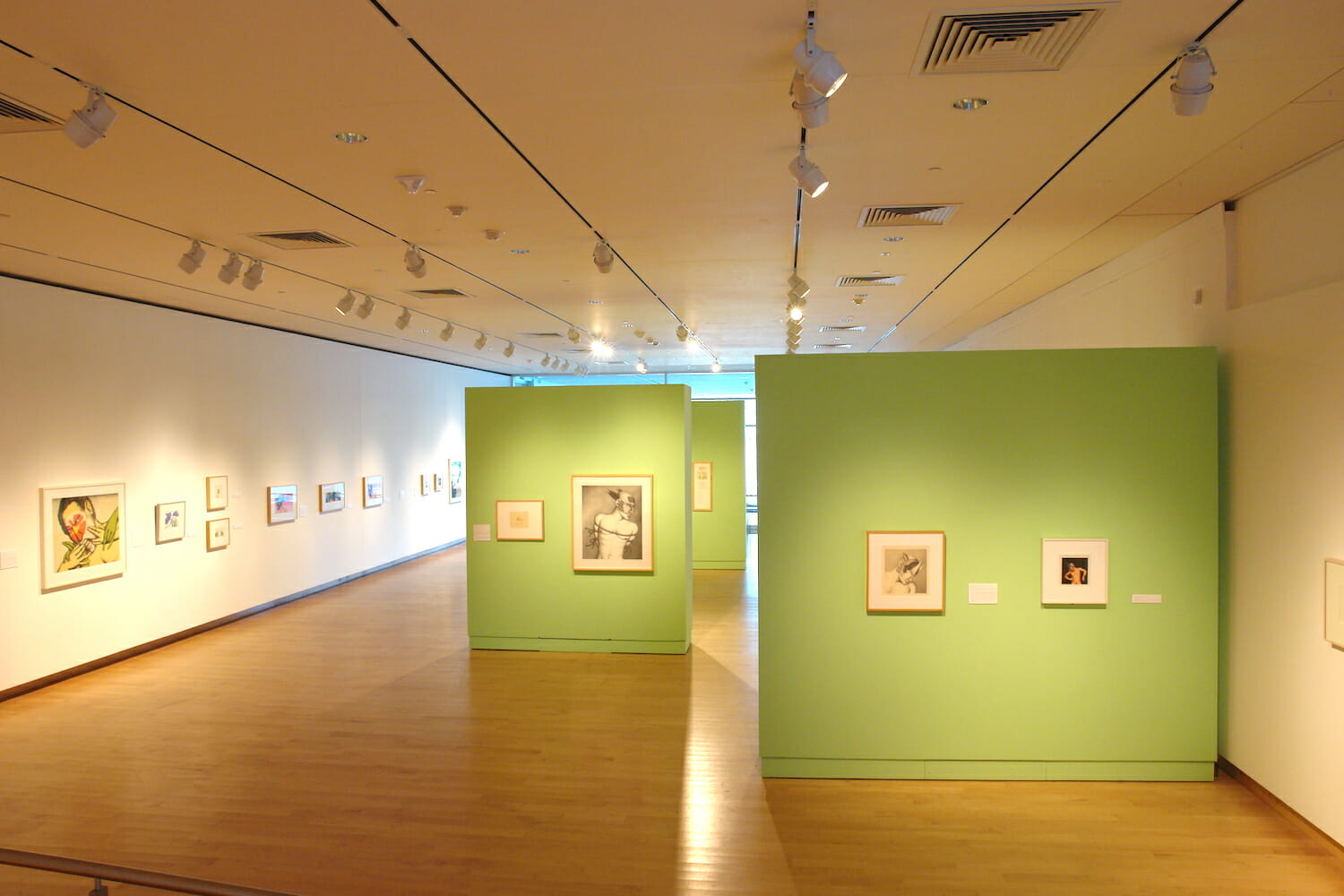 installation view of "The Singing Bird Rooms of Robert Lostutter" with framed artworks hanging across and on various walls