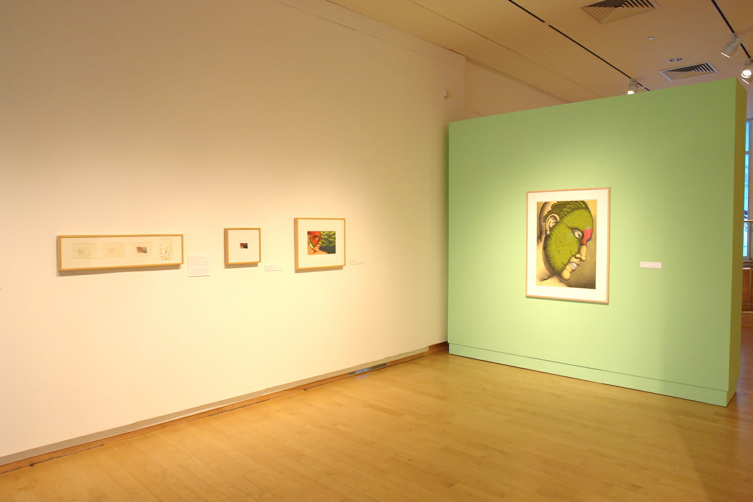 installation view of "The Singing Bird Rooms of Robert Lostutter" with framed artworks hanging across the wall