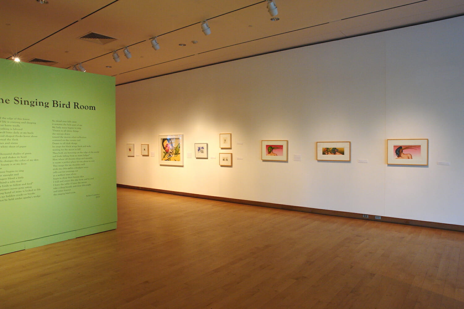 installation view of "The Singing Bird Rooms of Robert Lostutter" with framed artworks hanging across the wall