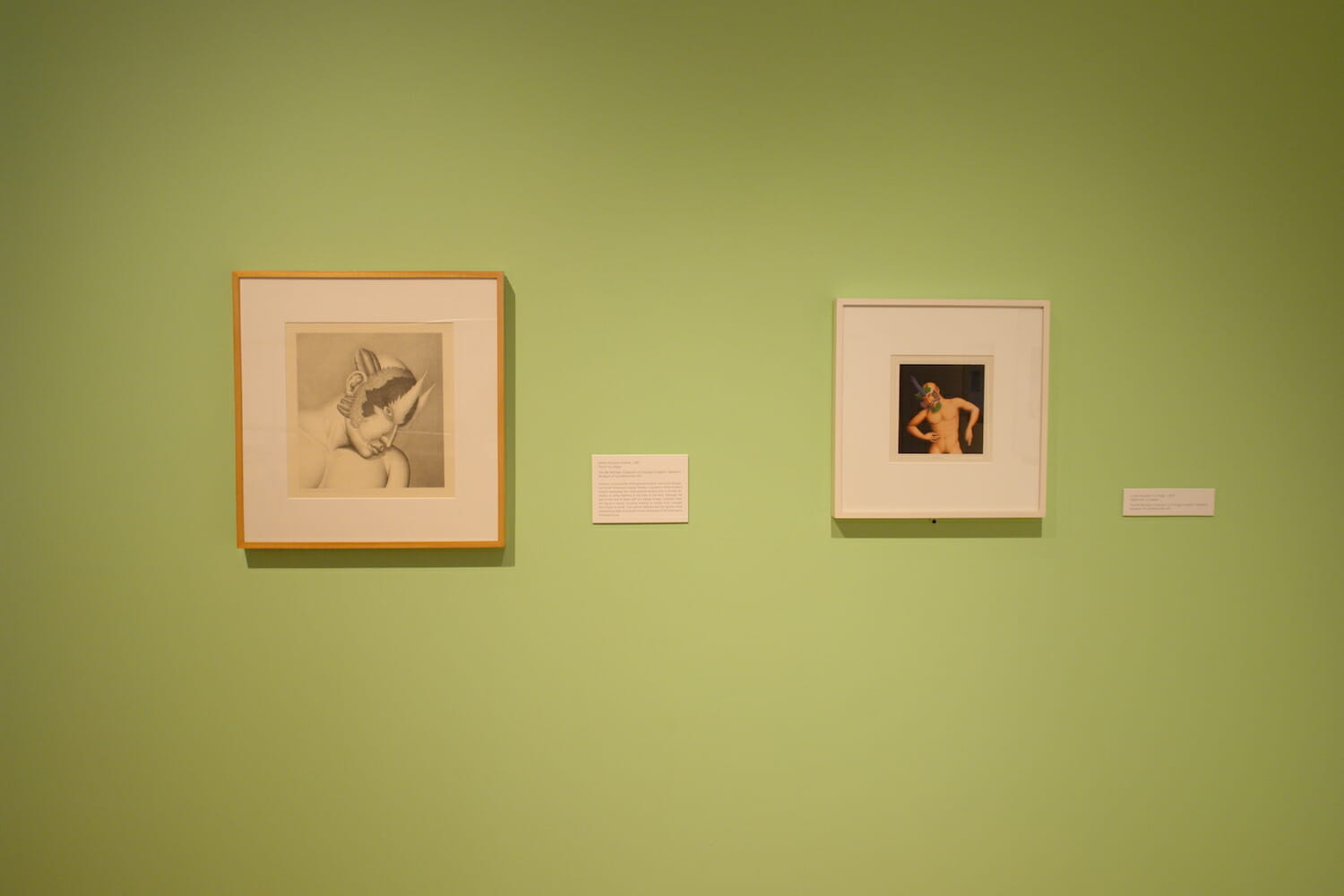 installation view of "The Singing Bird Rooms of Robert Lostutter" with two framed artworks hanging side-by-side on the wall