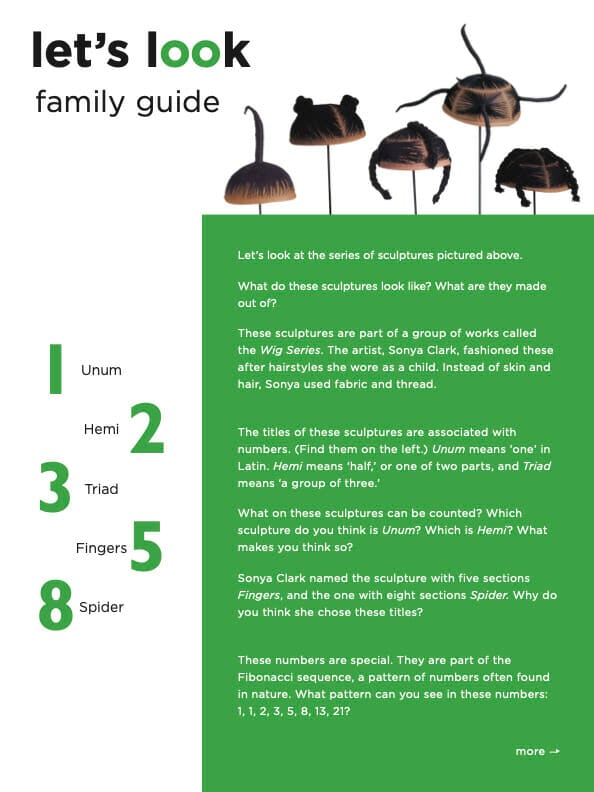 first page of a kids activity sheet talking about Sonya Clark's sculpture
