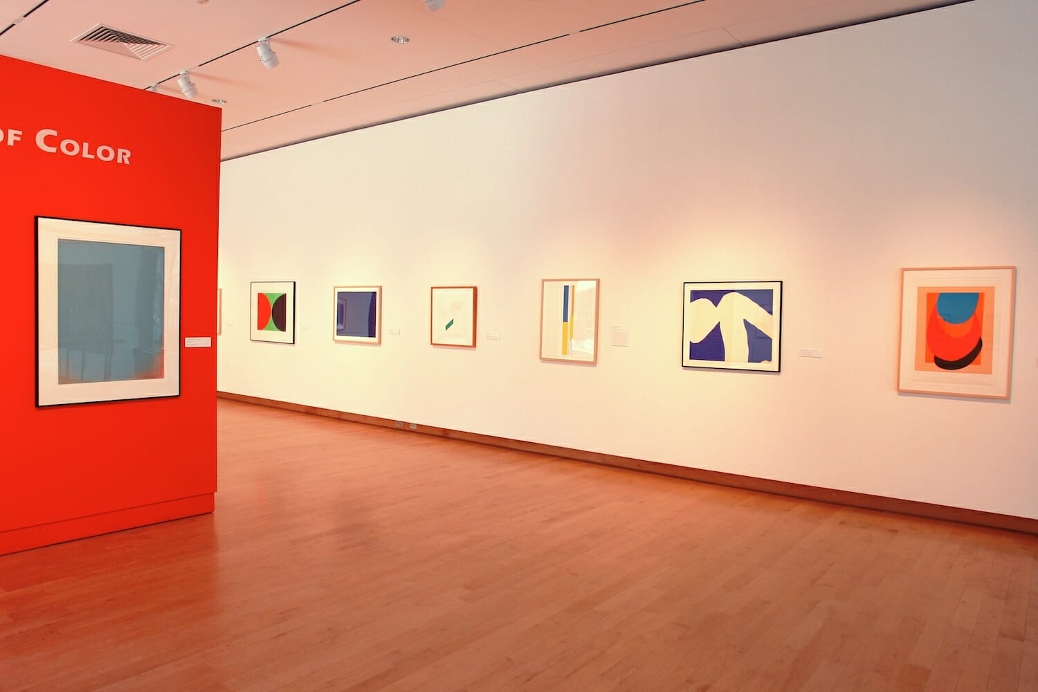installation view of an exhibition with framed artworks hung in a row