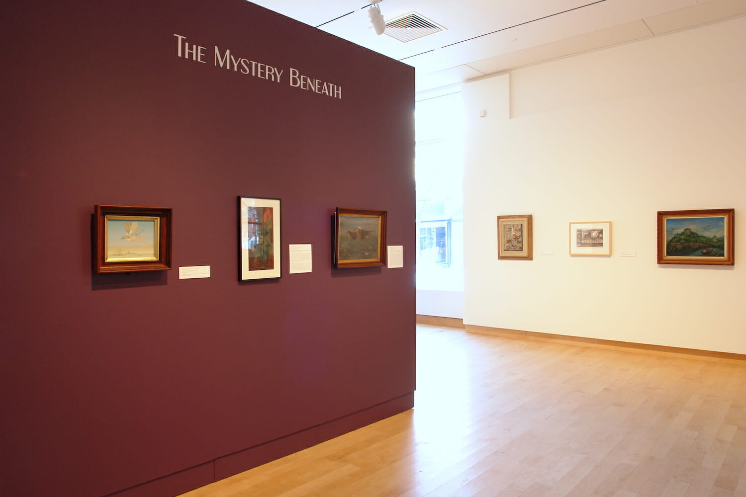 installation view of "the mystery beneath" showing framed artworks on the wall