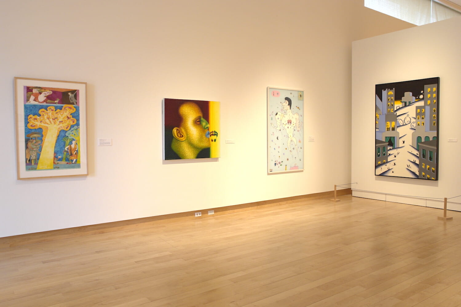 installation view of "Hairy Who" featuring various artworks hanging on the wall