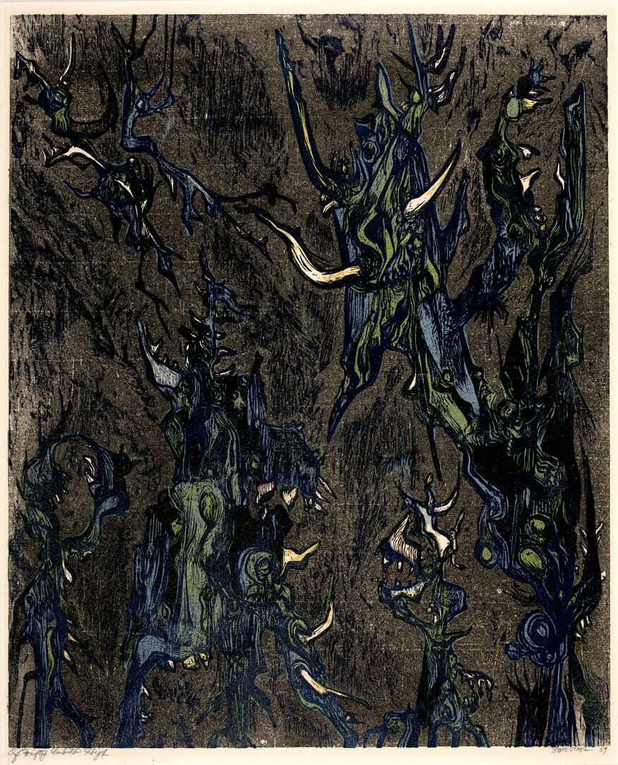 Of Fifty Cubits High. Artist: Alfred Sessler. Date: 1959. Medium: woodcut.