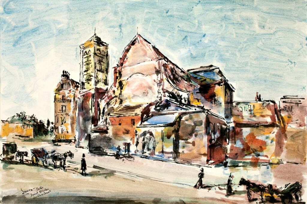 St. Nicholas du Chardonet, Paris. Artist: Arturo Souto. Medium: watercolor.