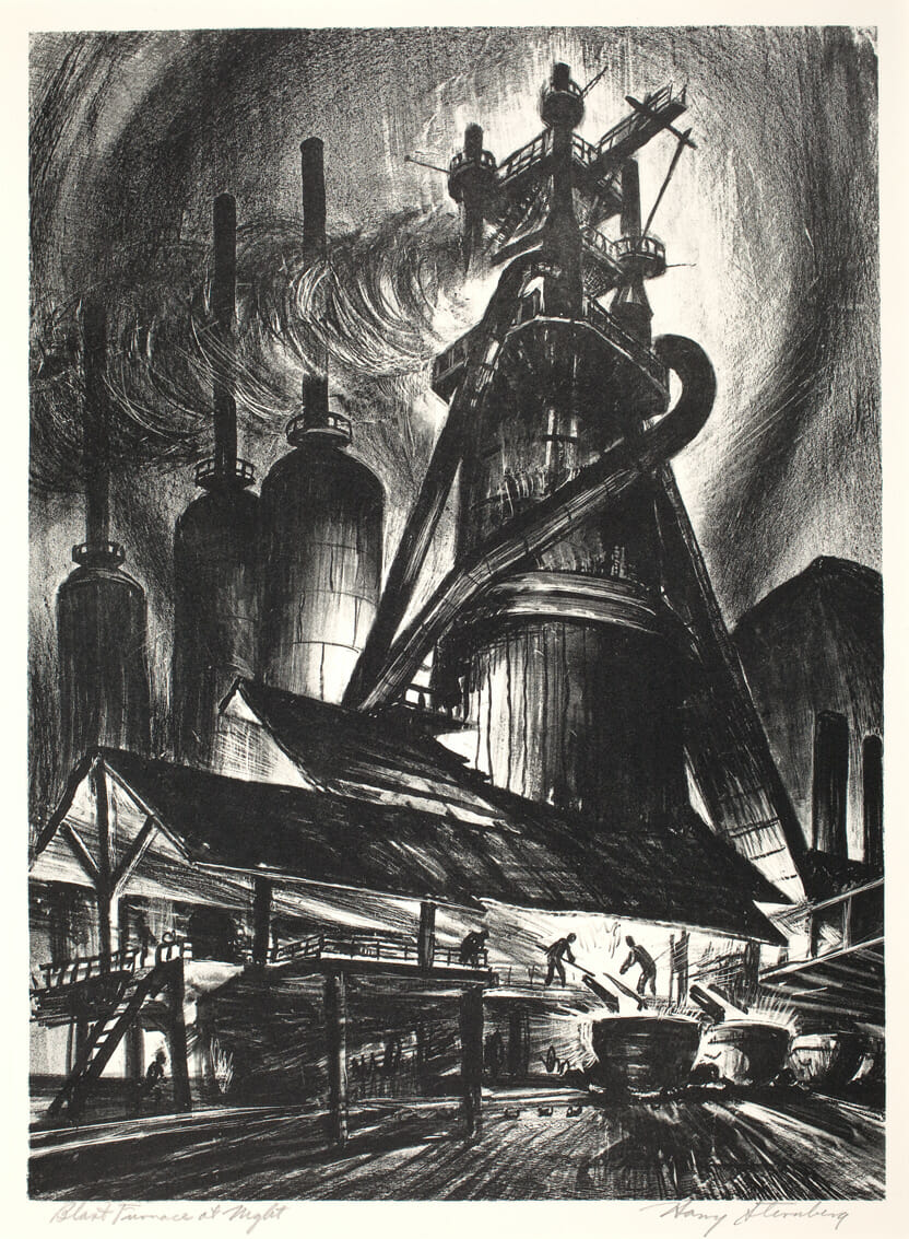Blast Furnace at Night. Artist: Harry Sternberg. Date: 1947. Medium: lithograph.