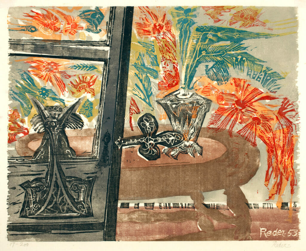 Flowers Behind the Door. Artist: Bernard Reder. Date: 1953. Medium: woodblock.