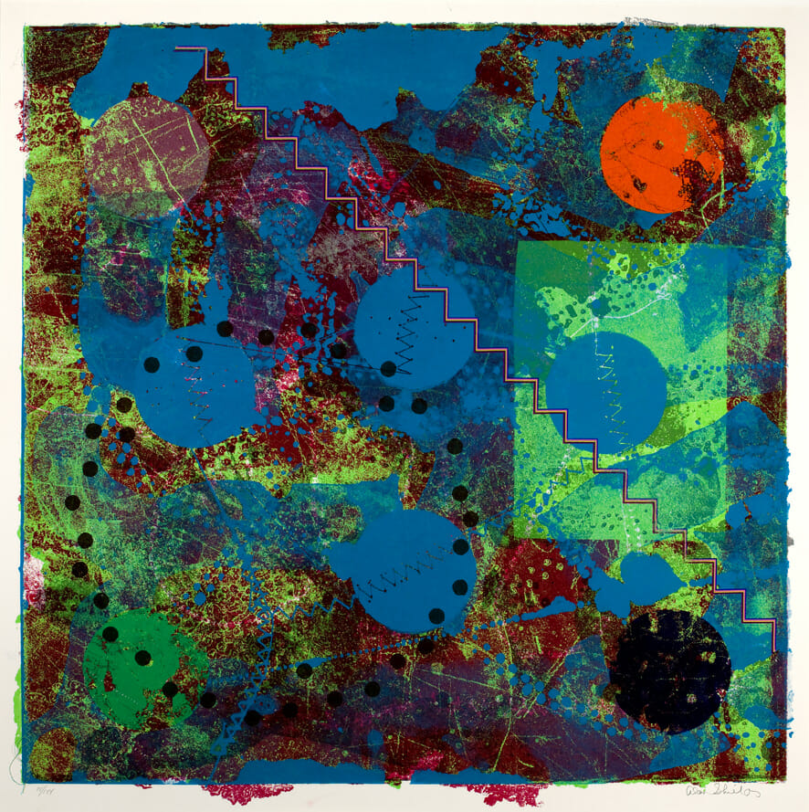 Lincoln Center. Artist: Alan J. Shields. Medium: lithograph with perforations and stitching.
