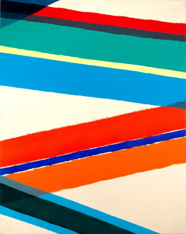 An abstract painting of zig zag colors and stripes.