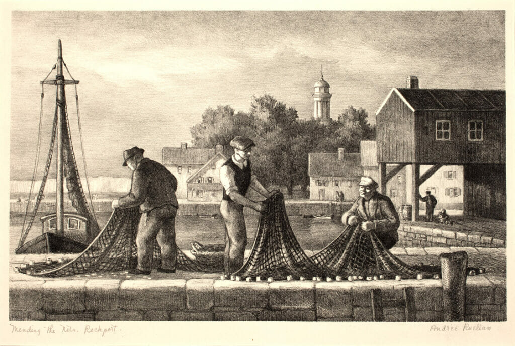 Mending the Nets, Rockport. Artist: Andree Ruellan. Medium: lithograph.