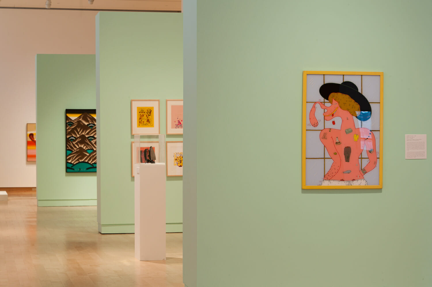 installation view of the exhibition Chicago Imagists featuring framed artworks or canvases hung on several different walls and a tall vitrine display case