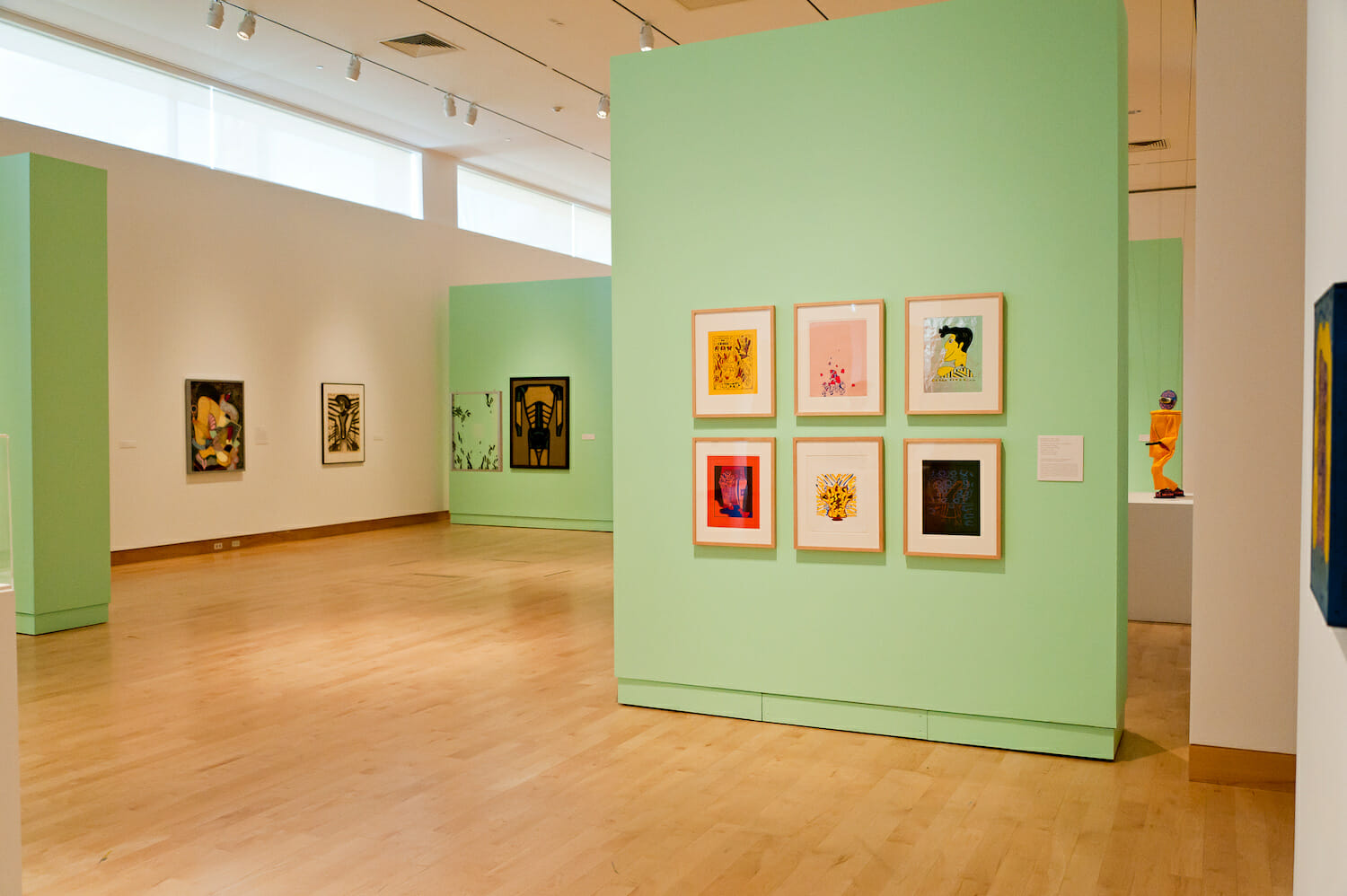 gallery installation view of the exhibition Chicago Imagists. artworks hang on several different walls.