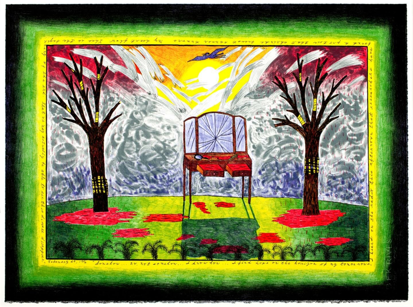 print illustration showing a vanity with a broken mirror in an outdoor scene with bare trees on either side. in the background is the sun peaking from behind clouds or mountains.