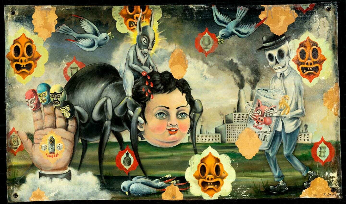 mixed media illustration of a rabbit riding a spider with a baby's face, floating abstract faces or masks, a hand with lucha libre masks on the finger tips, and at least three birds in the scene