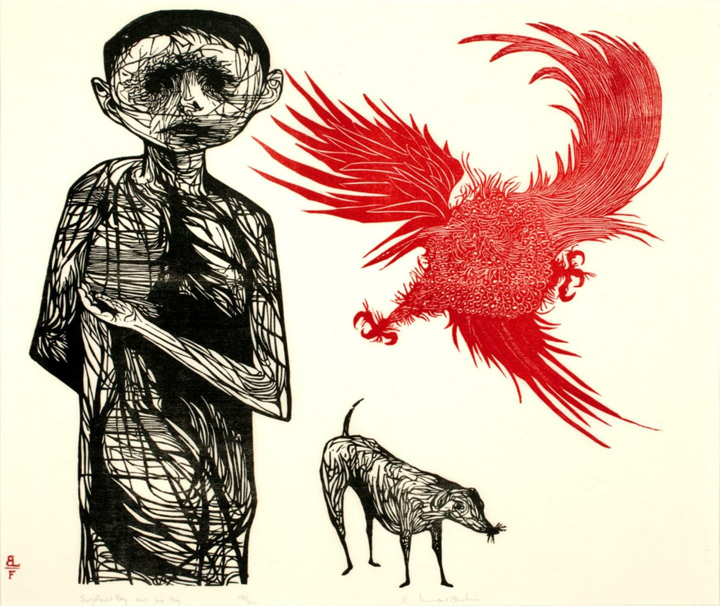 woocut illustrations featuring a boy, a dog, and an eagle or other bird