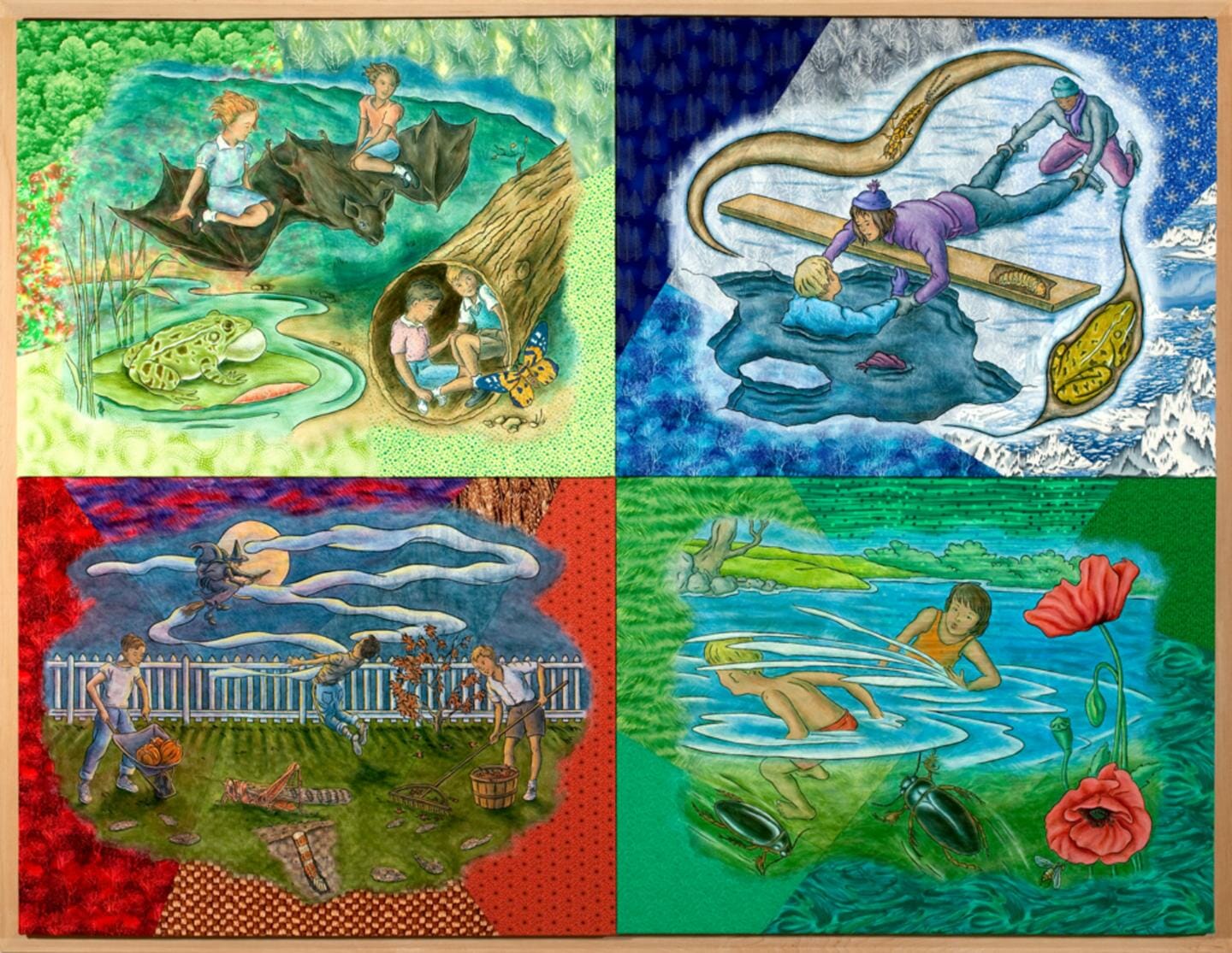 painted illustration of four scenes with humans based on the four seasons