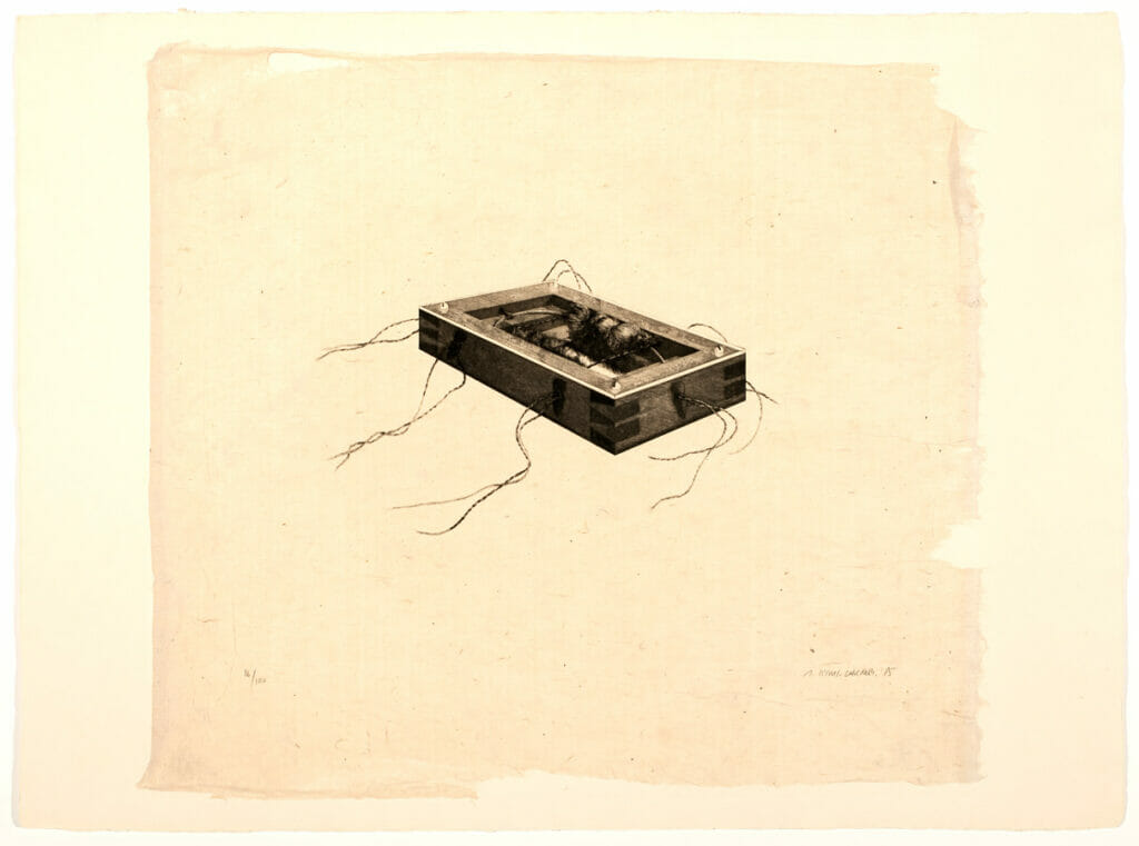 The Pocket -Size Tlinget Coffin. Artist: Gérard Titus-Carmel. Medium: drypoint and aquatint on Japanese paper mounted onto secondary support, chine colle.