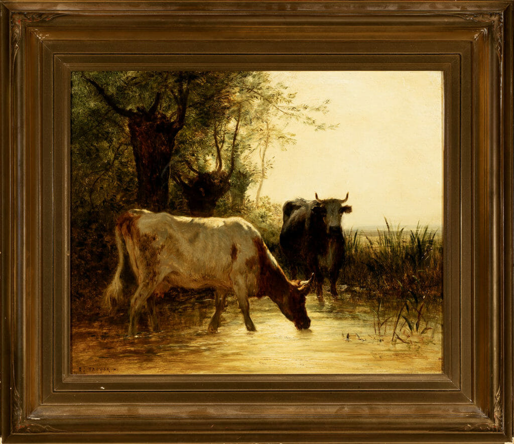 oil painting showing two cows standing in a shallow pond