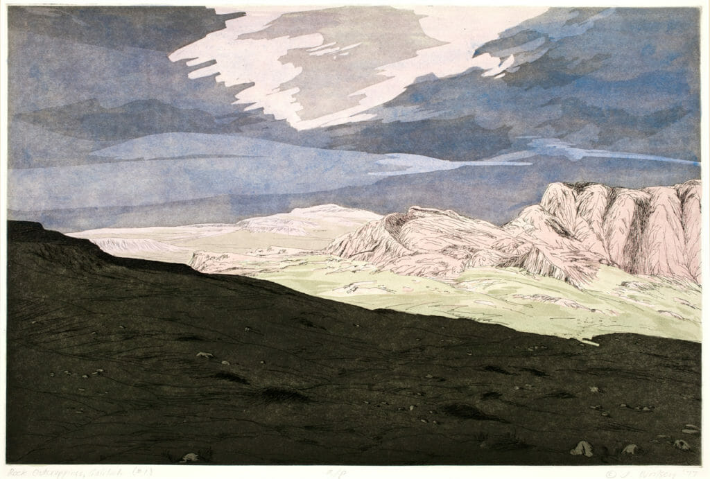 Rock Outcropping Near Gairlock, #1. Artist: John Woolsey. Date: 1977. Medium: hand-colored etching.