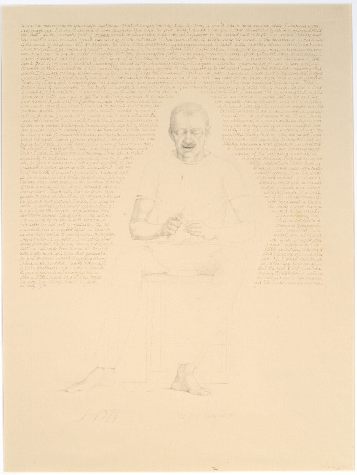The D. D. Series #5:  Clipping Snap Beans. Artist: John Wilde. Date: 1974. Medium: pencil on paper.