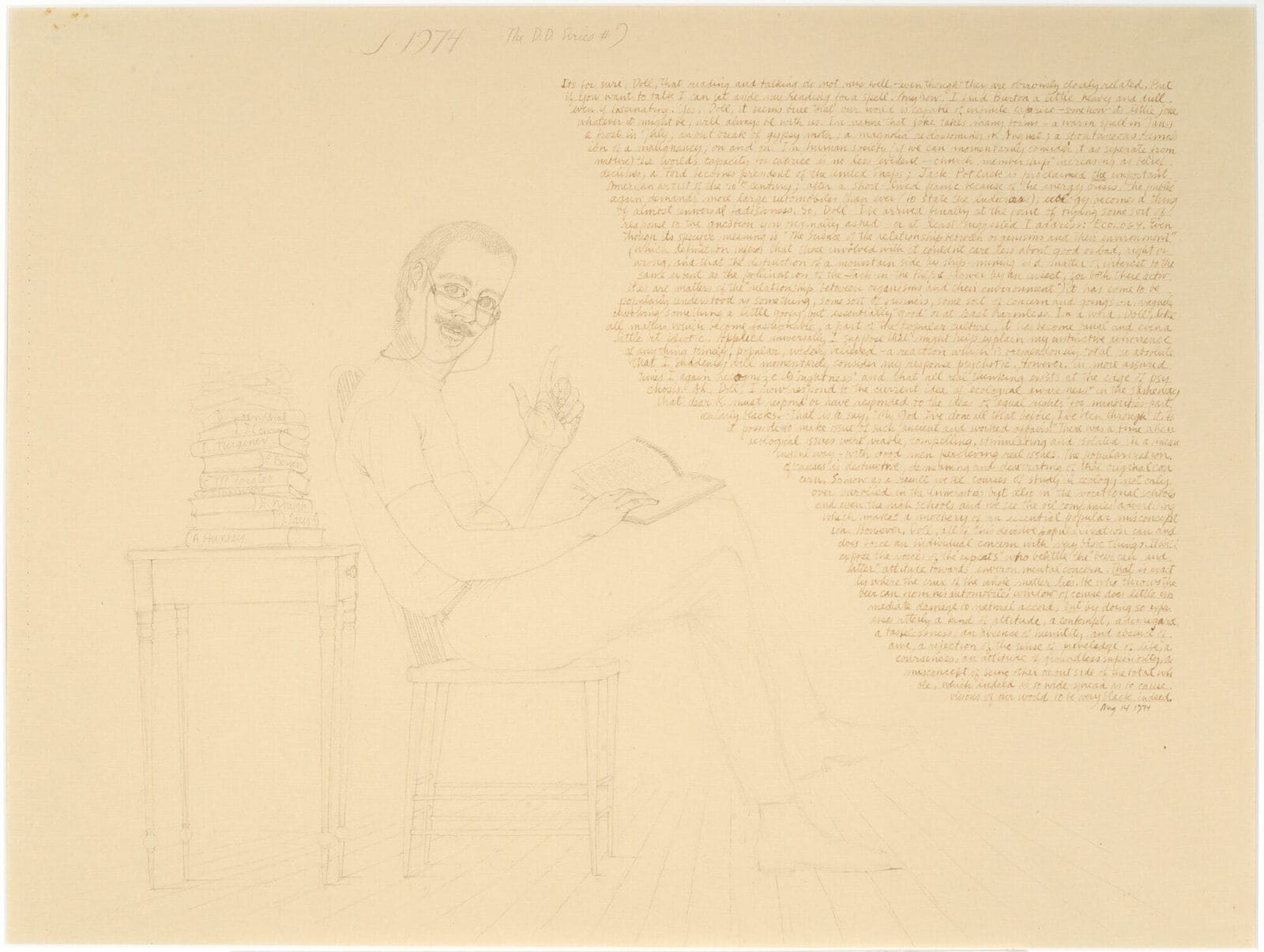 The D. D. Series #9:  The Artist with Books. Artist: John Wilde. Date: 1974. Medium: pencil and ink text on paper.
