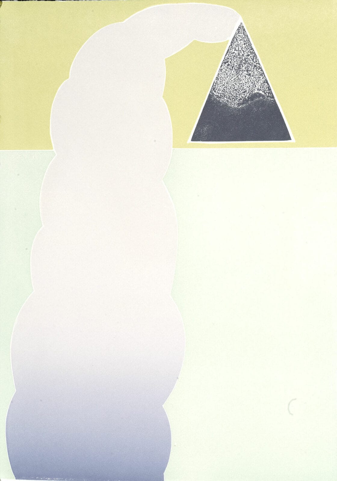 Woodcut print illustrating an abstract scene made up of various shapes. Two rectangular shapes make up the land, sky and horizon. Another triangle is shaped like a mountain, and coming from the tip of the triangle is a cloud or smoke-like shape.