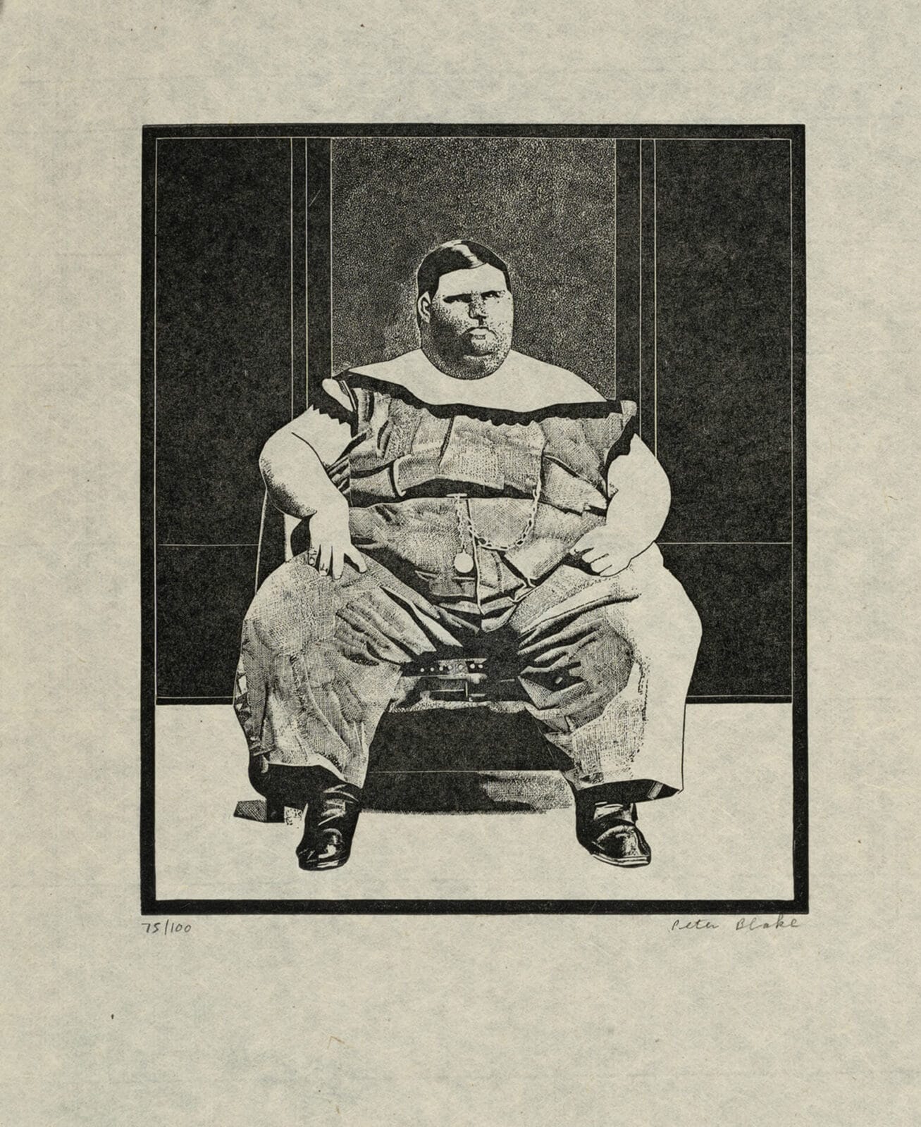 Fat Boy. Artist: Sir Peter Thomas  Blake. Medium: wood engraving.