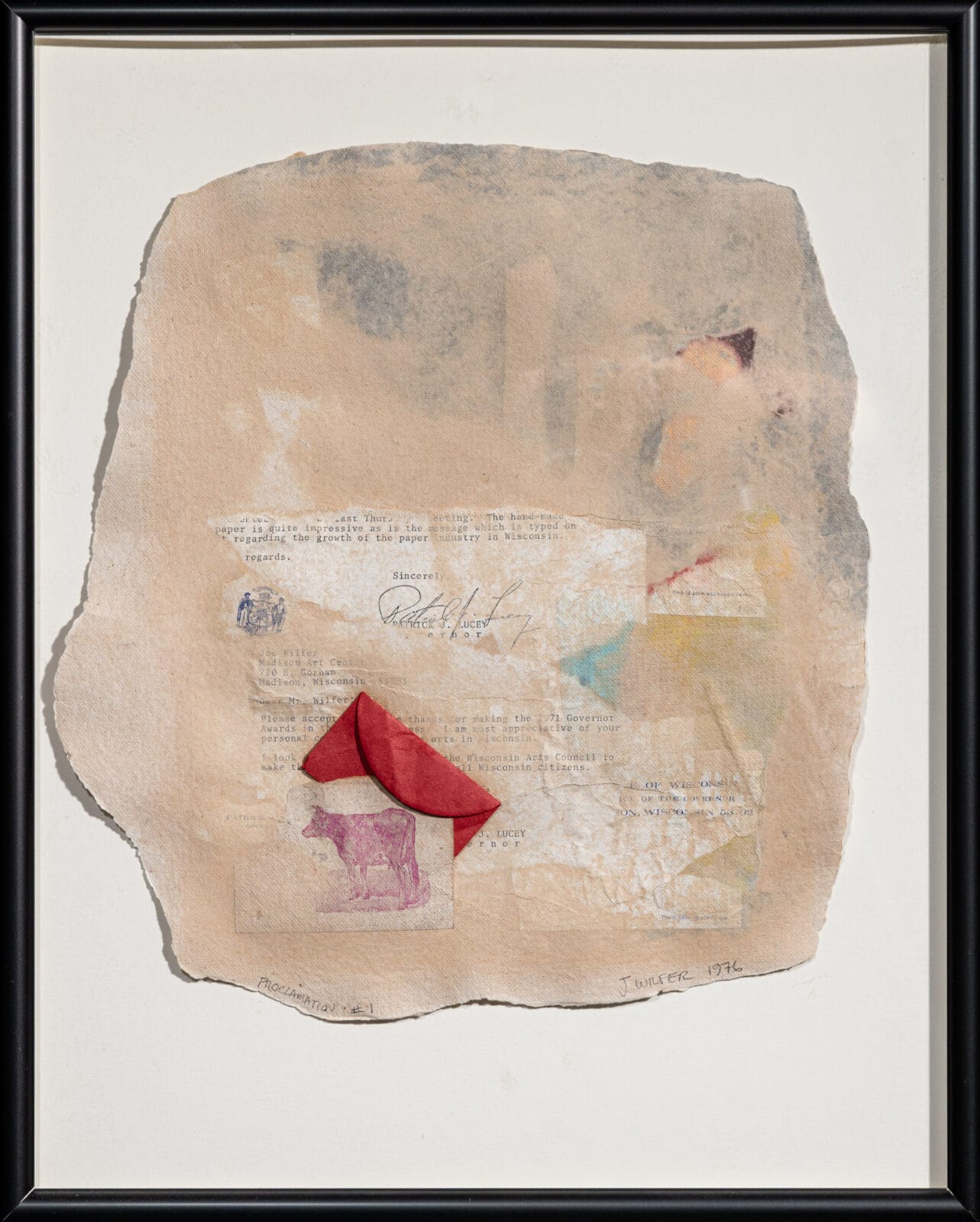 Proclamation #1. Artist: Joseph Wilfer. Date: 1976. Medium: handmade paper with collage.