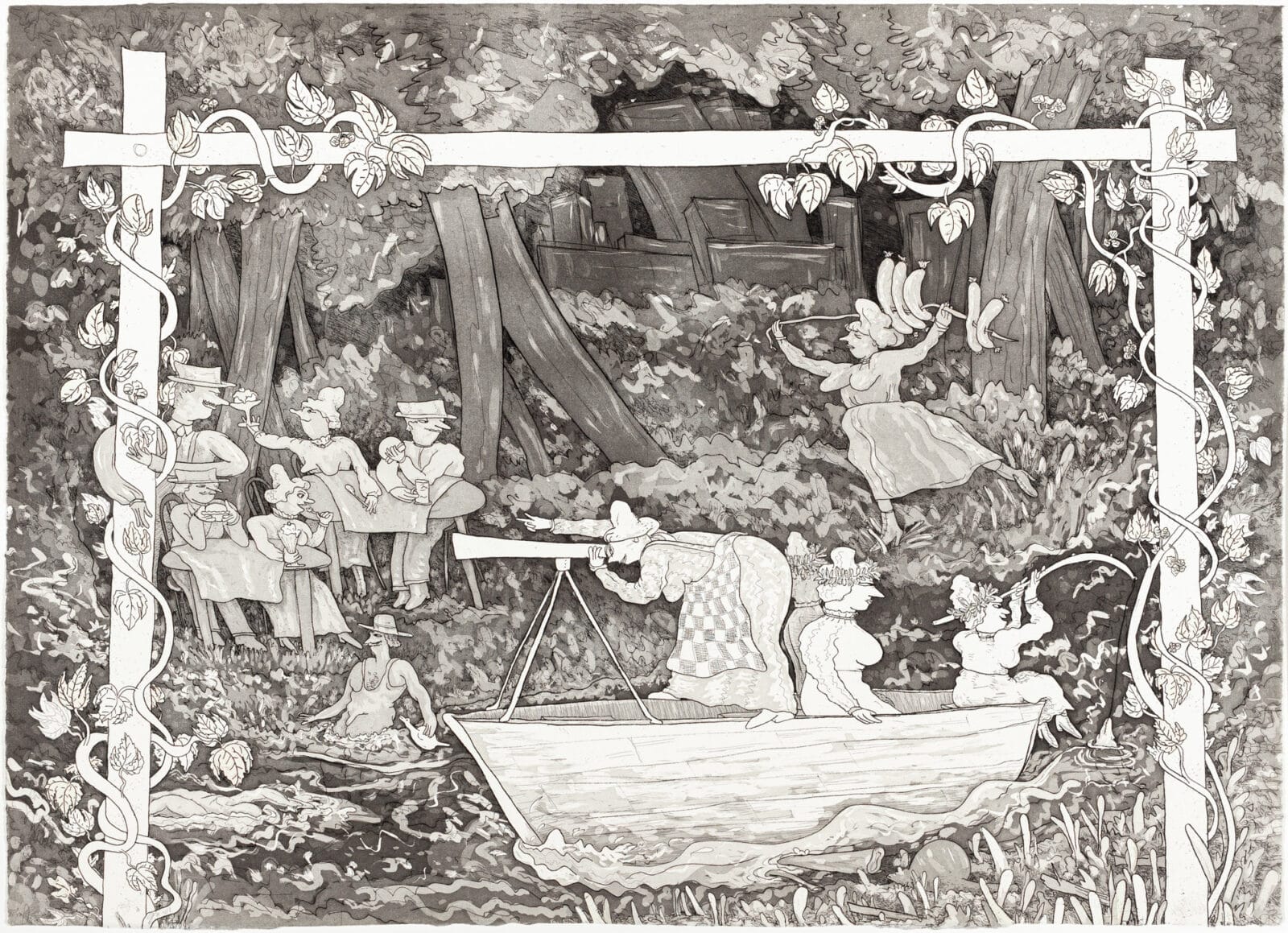 Sites Unscene. Artist: Gladys Nilsson. Date: 2001. Medium: hard ground etching with aquatint on paper.