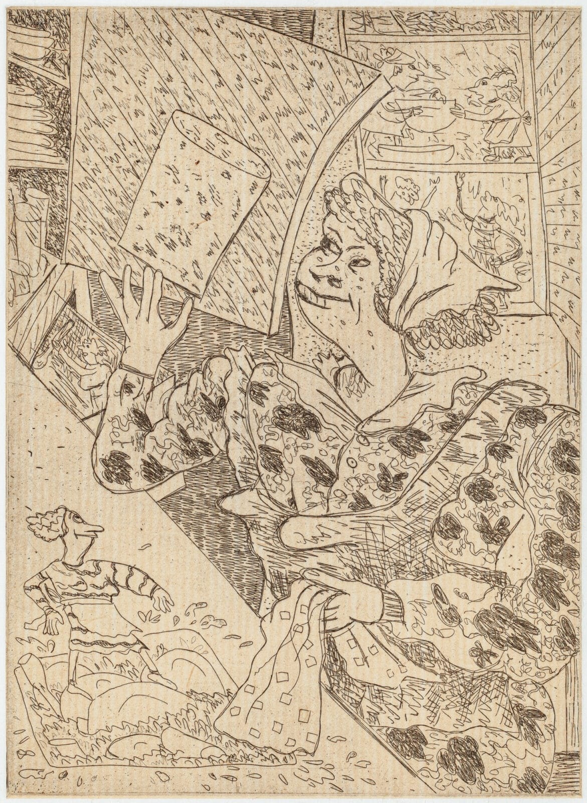 Dish Jockey. Artist: Gladys Nilsson. Date: 1993. Medium: etching with chine collé on paper.