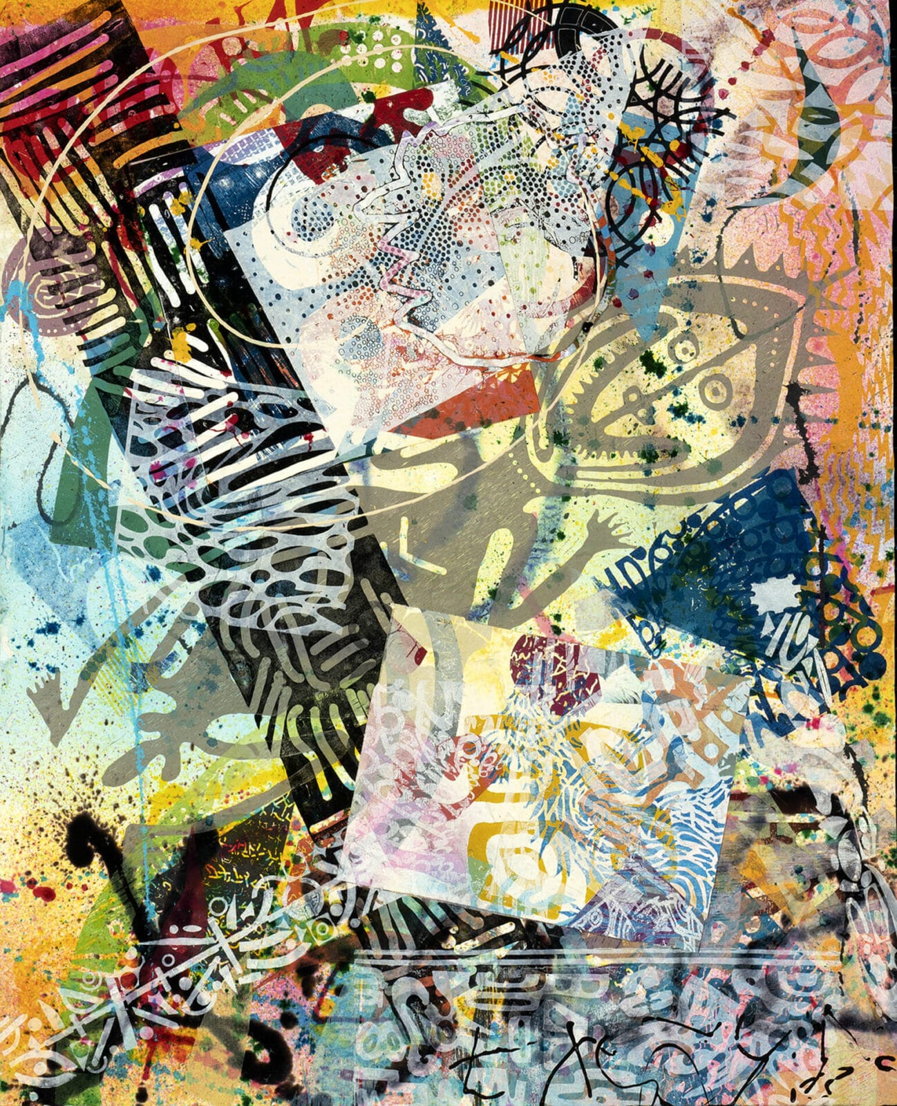 Sitting on the Dock of the Bay. Artist: William Weege. Date: 2015. Medium: handmade paper on canvas with collage elements, painted and printed.