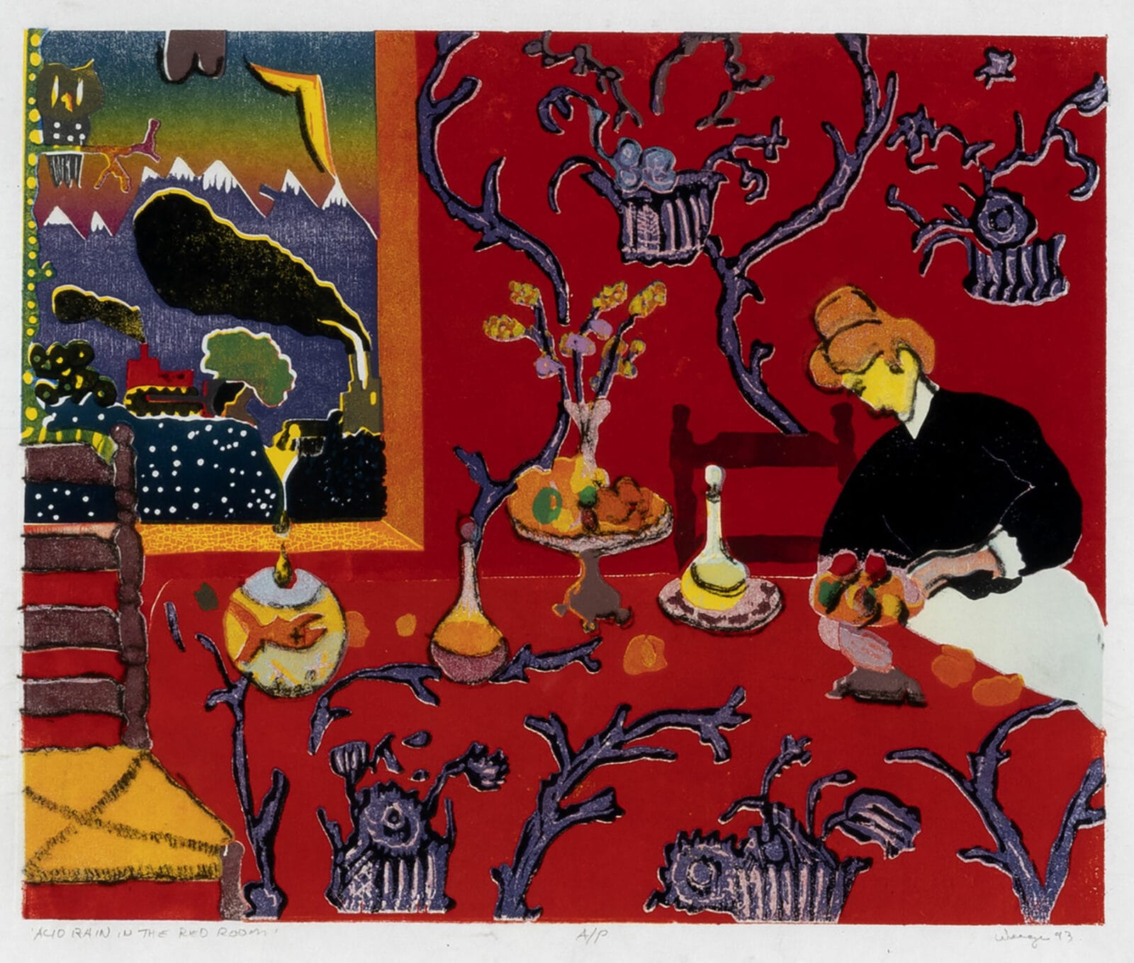 Acid Rain in the Red Room. Artist: William Weege. Date: 1993. Medium: woodcut.