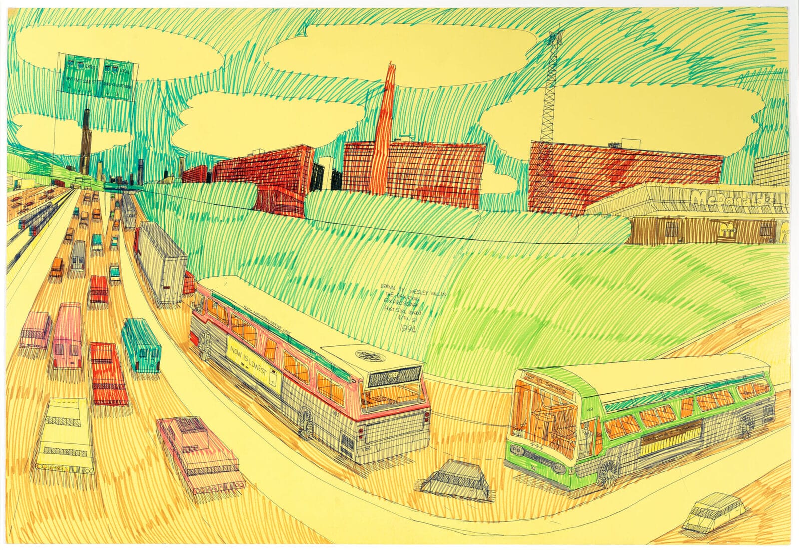 Dan Ryan Expressway Past 51st toward 47th St.. Artist: Wesley Willis. Date: 1994. Medium: ballpoint pen and colored felt-tipped markers on yellow illustration board.