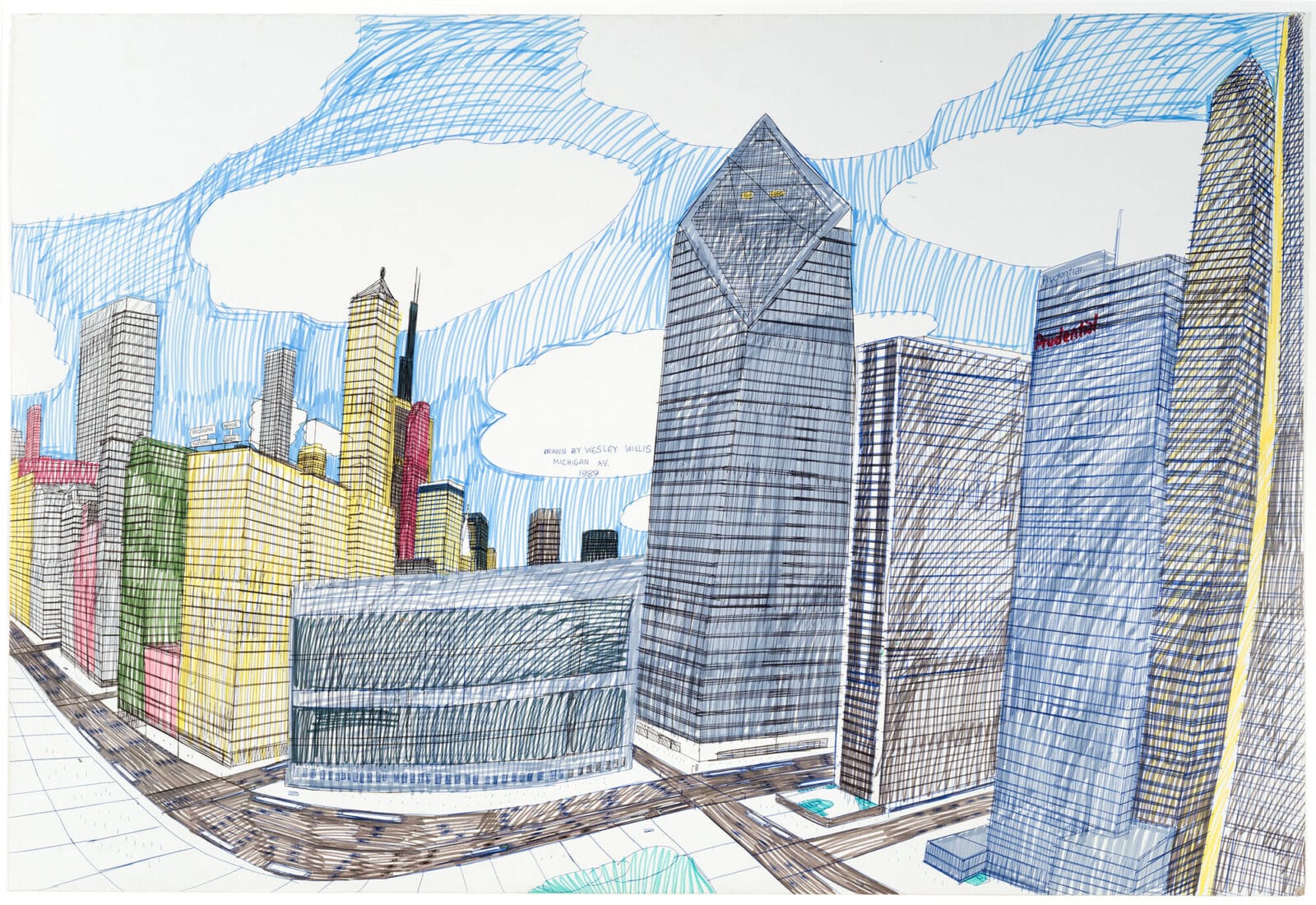 Michigan Avenue. Artist: Wesley Willis. Date: 1989. Medium: ballpoint pen and colored felt-tipped marker on illustration board.