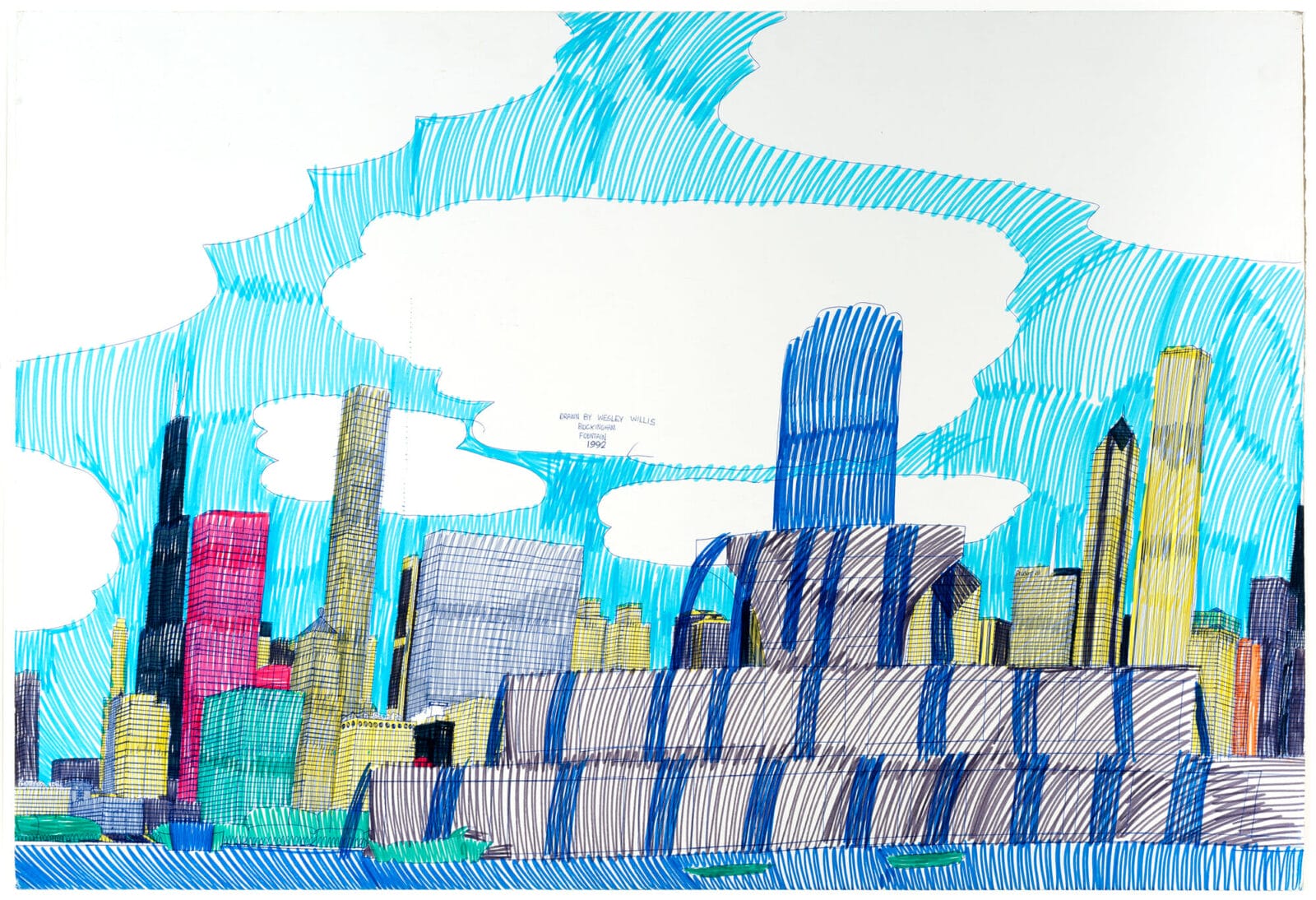 Buckingham Fountain. Artist: Wesley Willis. Date: 1992. Medium: ballpoint pen and colored felt-tipped markers on illustration board.