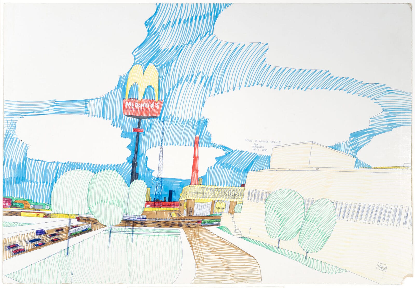 51st Street, Wentworth, Wells. Artist: Wesley Willis. Date: 1990. Medium: ballpoint pen and colored felt-tipped markers on illustration board.