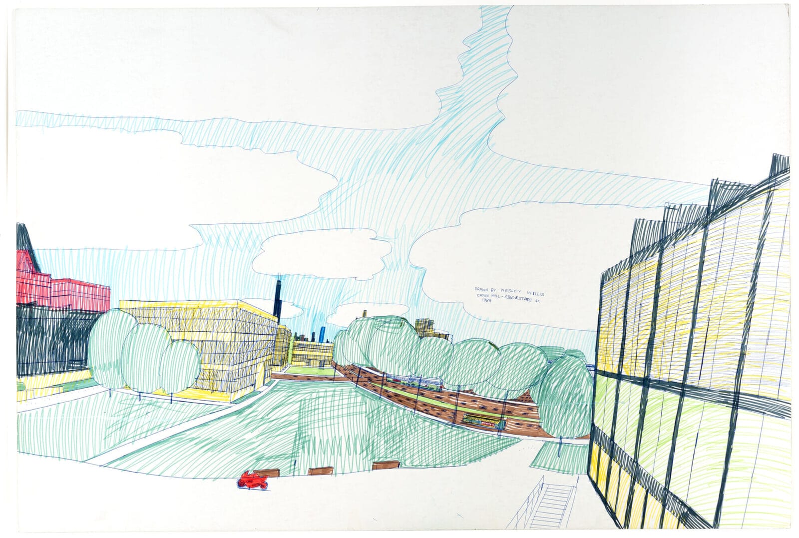 Crown Hall – 3360 S. State Street. Artist: Wesley Willis. Date: 1989. Medium: ballpoint pen and colored felt-tipped markers on illustration board.