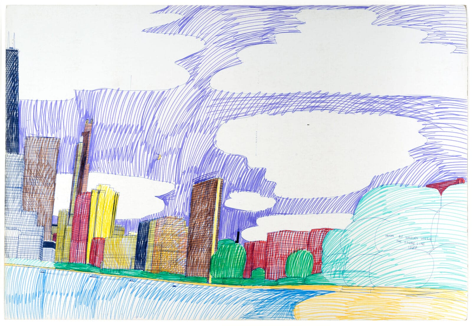 The Shoreline. Artist: Wesley Willis. Date: 1989. Medium: ballpoint pen and colored felt-tipped markers on illustration board.