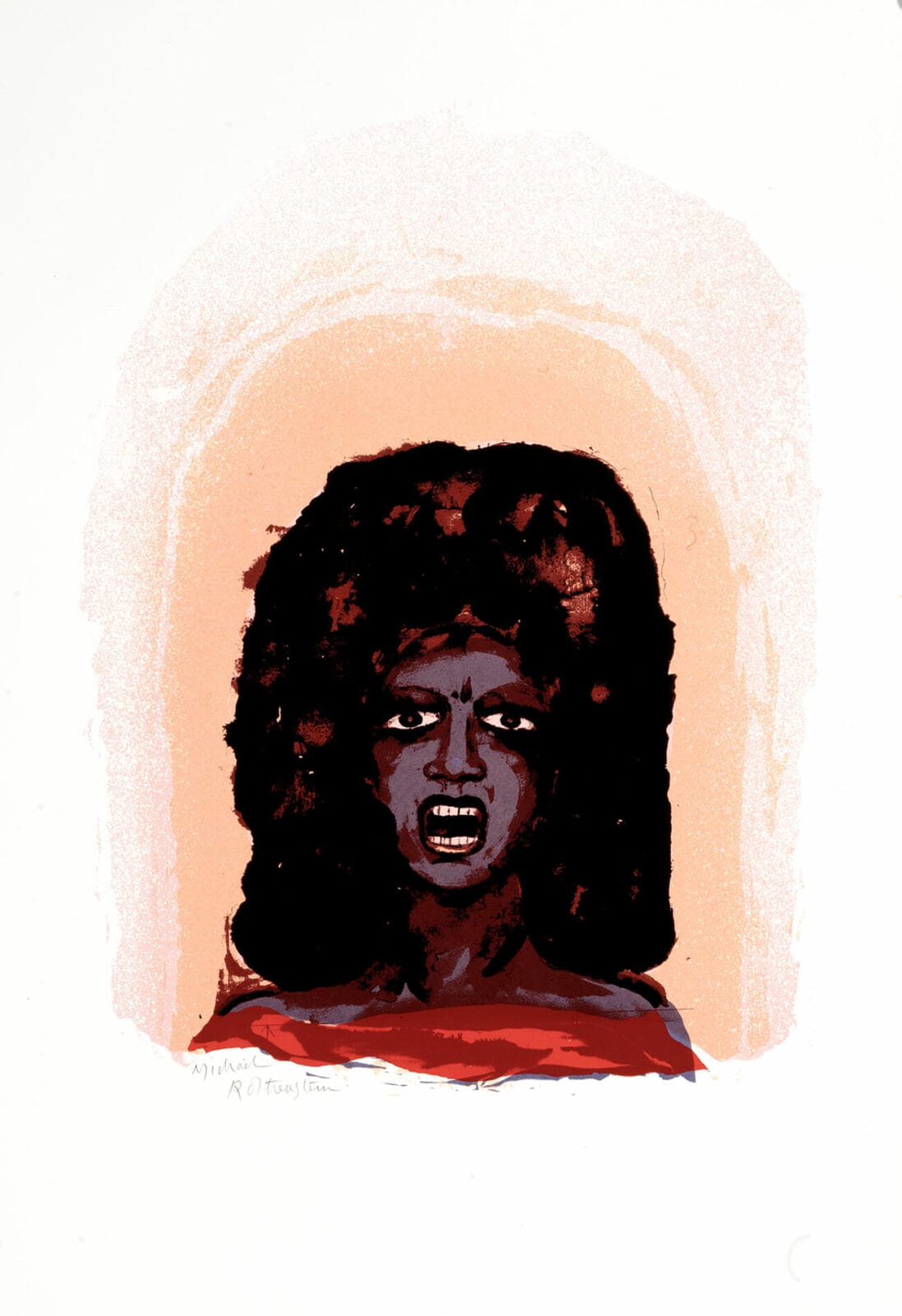 Lithographic print featuring an illustration of a woman's head, surrounded by radiating light or color. She has darker spin with a full head of shoulder-length hair.
