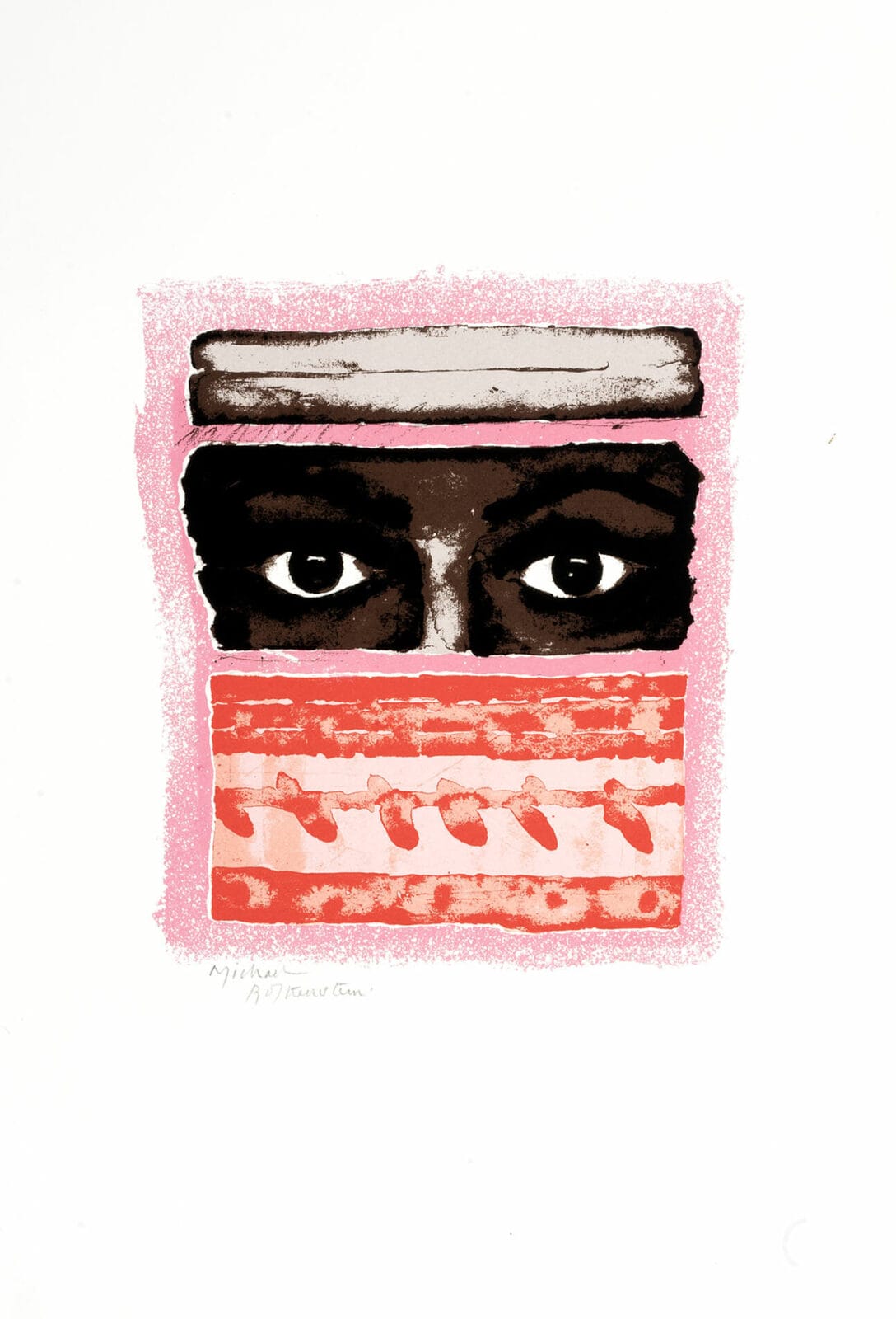 lithographic print illustrating dark eyes in pink frame or rectangular opening