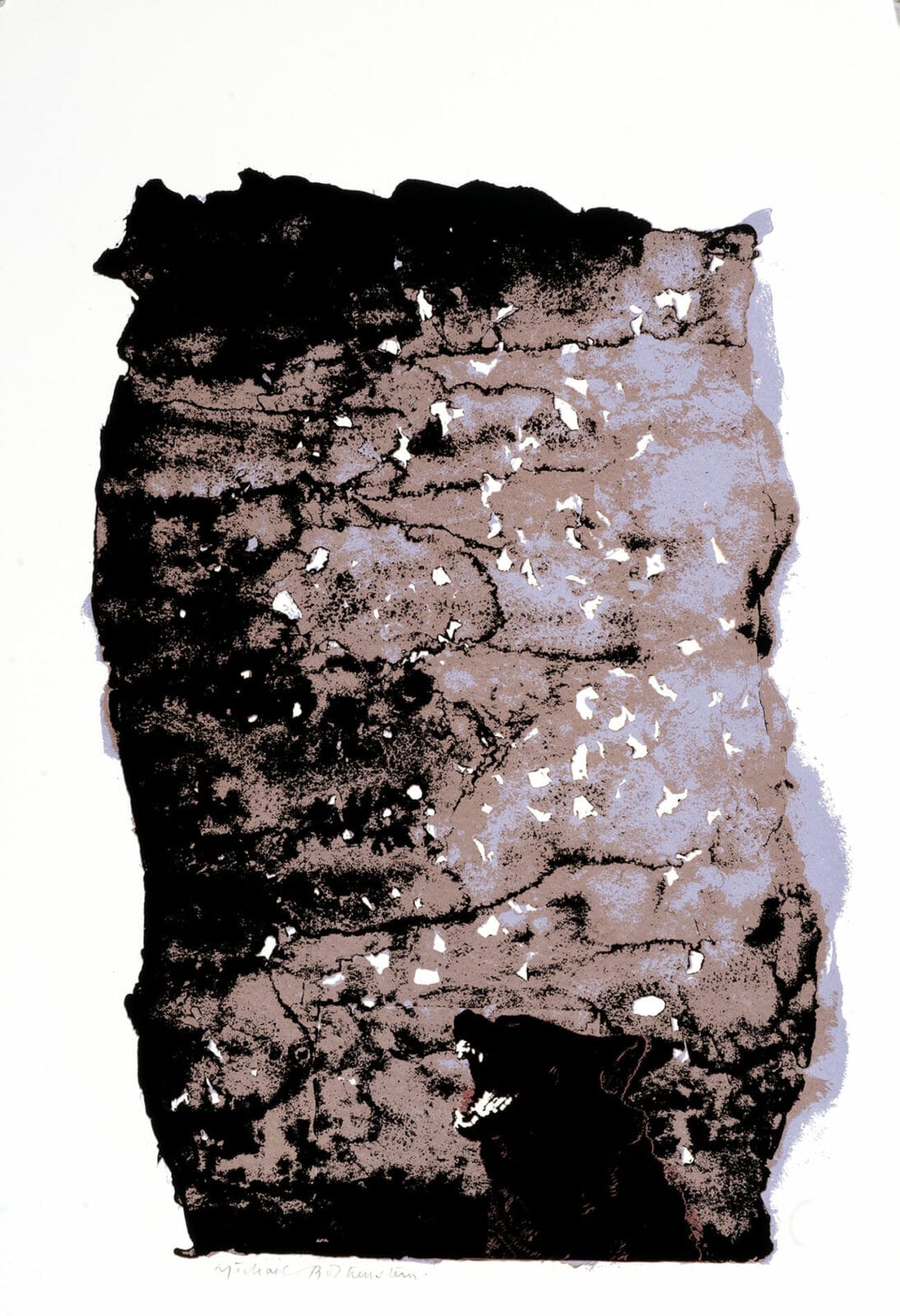 abstract, rock-like print illustration with a small barking dog in the lower center