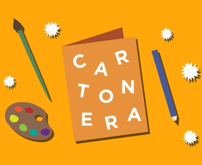 graphic illustration of a book with the word Cartonera, a paintbrush, a pencil, and a paint palette