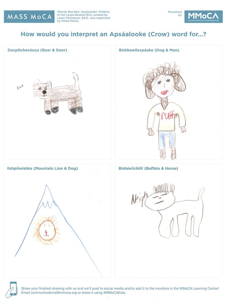 hybrid drawings of a bear and deer, dog and man, mountain lion and dog, and buffalo and horse
