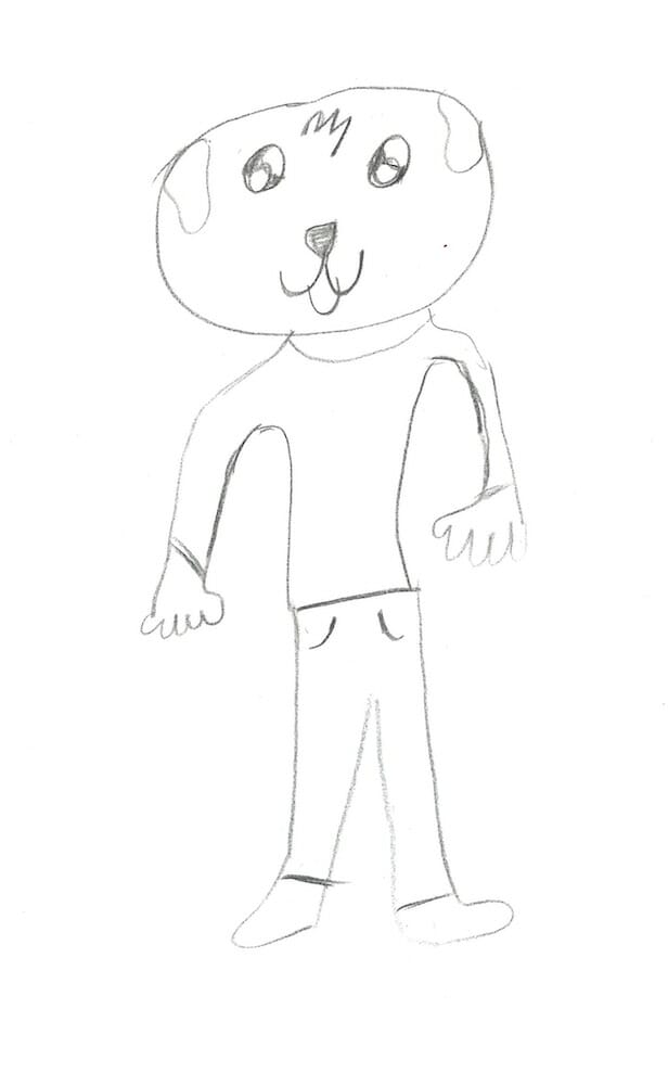 hybrid drawing of a dog and man