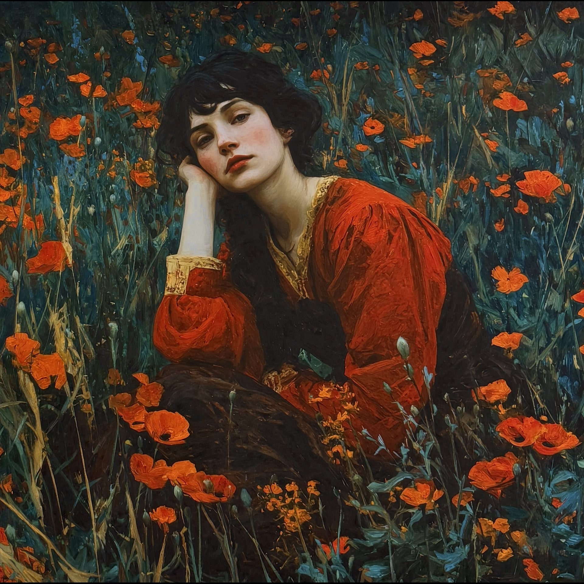 A woman in a field of flowers.