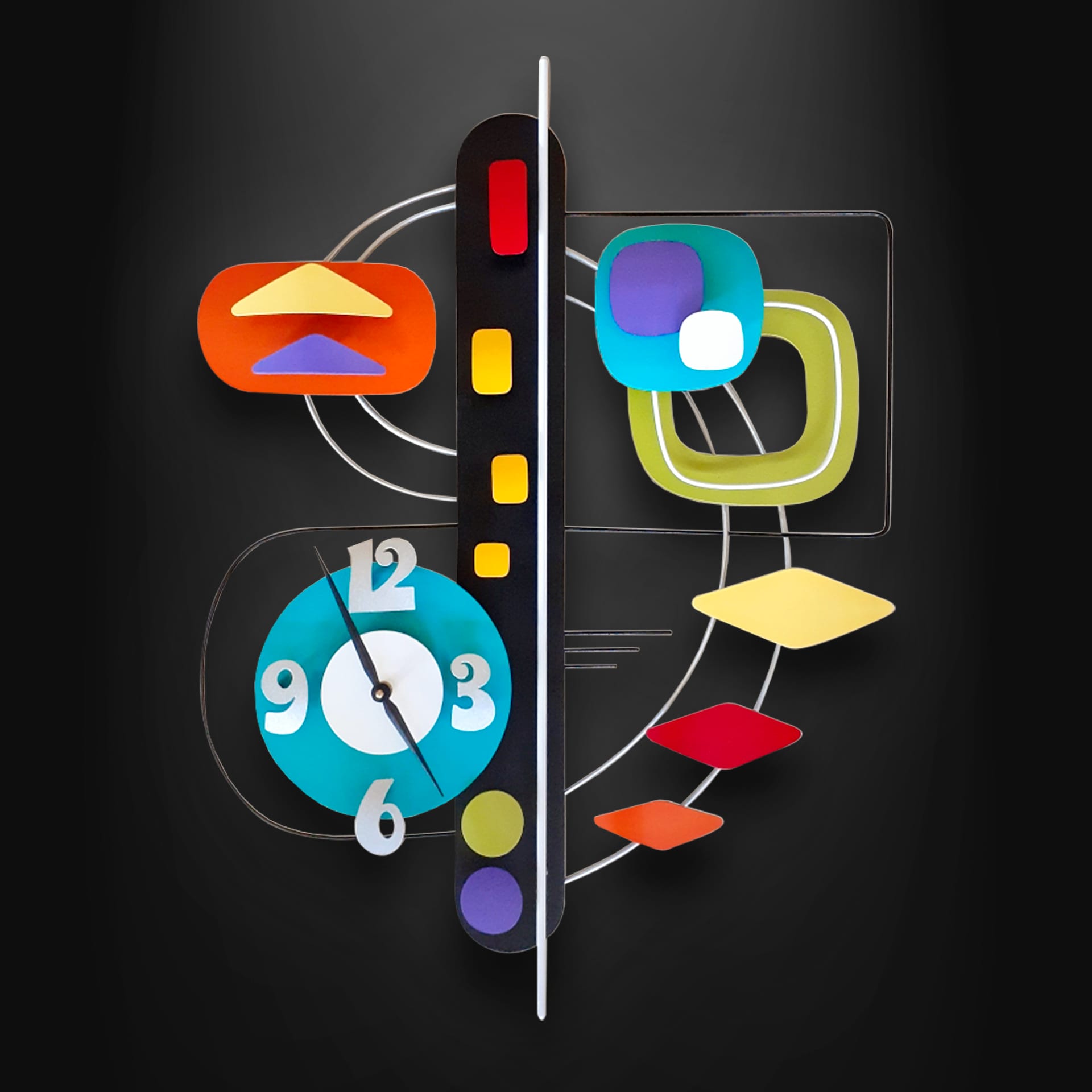Geometric functional art with a clock and bright colors
