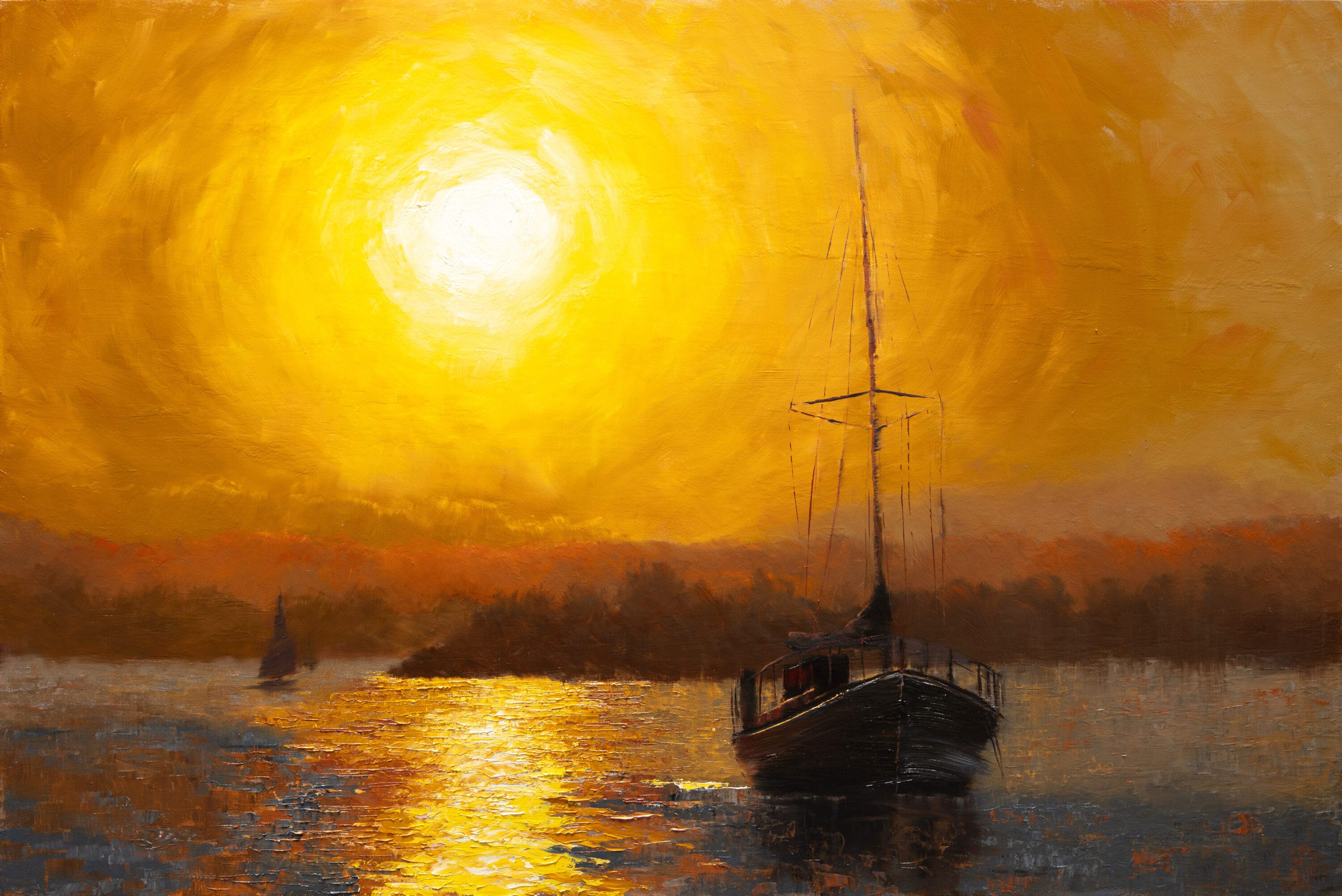 Orange sun sailboat painting